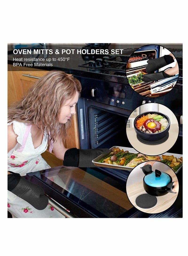Silicone Oven Mitts and Pot Holders Set, Heat Resistant Mittens with Mini Gloves Hot Pads, for Kitchen Baking Cooking, Quilted Liner, Black,Pack of 6 - Image 3